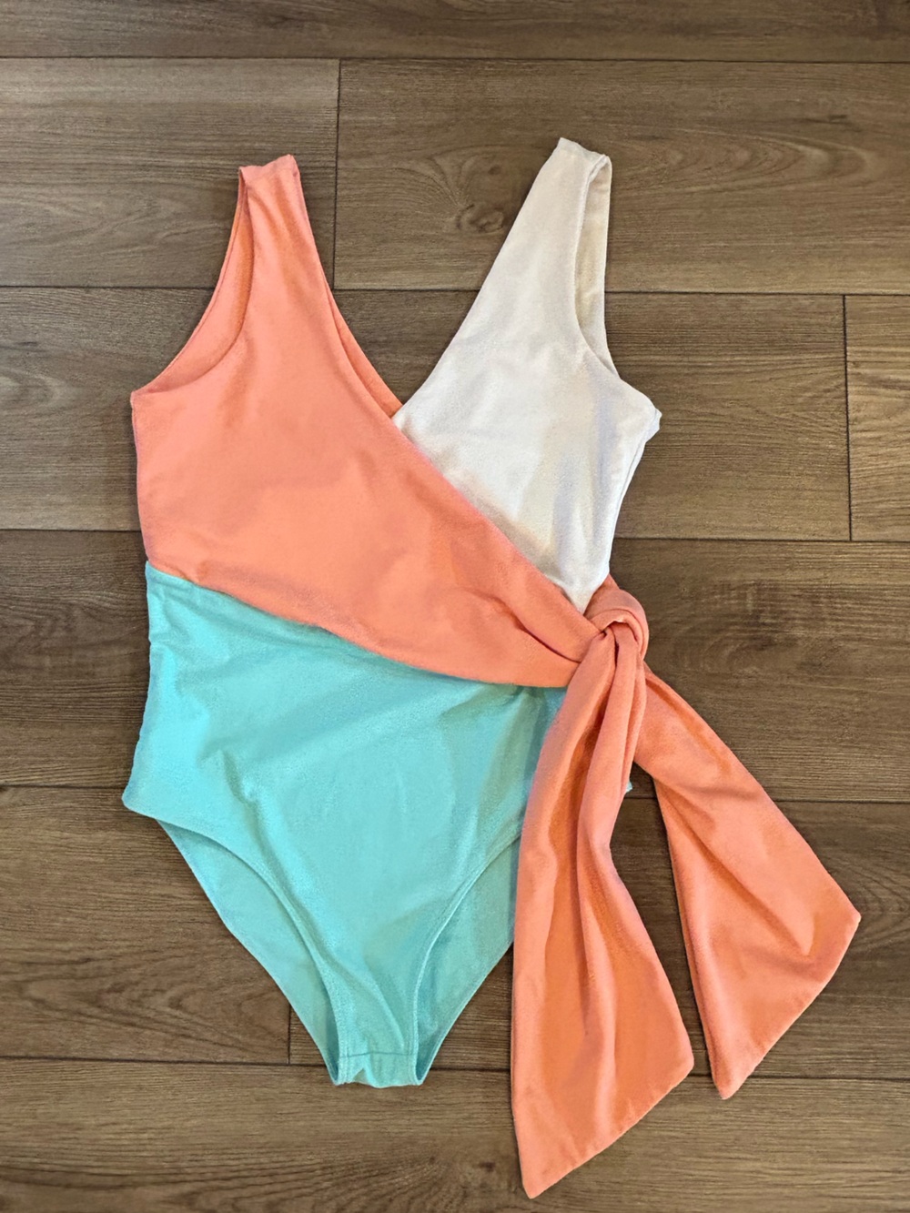 Paper London Colorblock One Piece Swimsuit Side Bow Mint Coral Ivory S